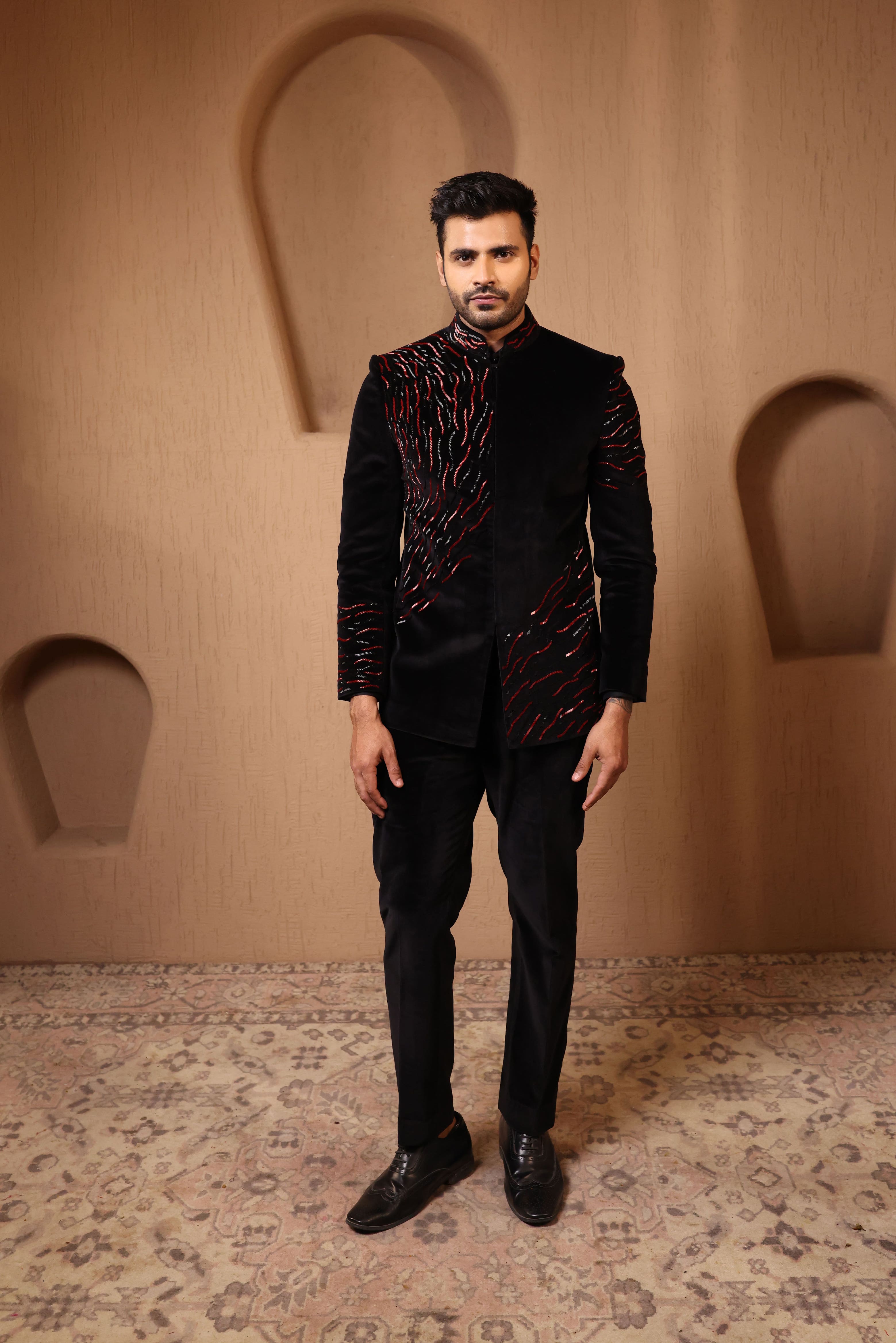 Noir Crimson Velvet Bandhgala