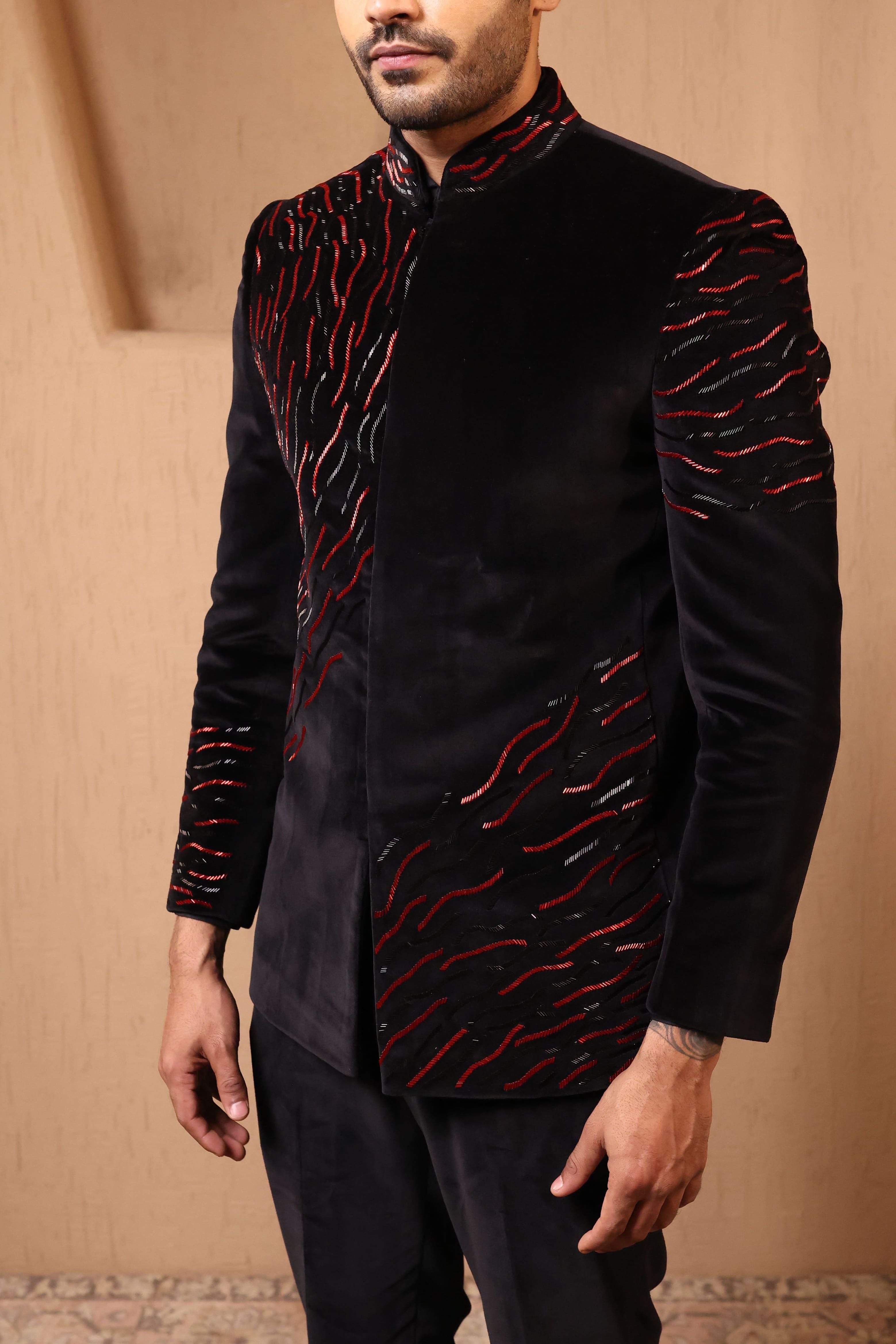 Noir Crimson Velvet Bandhgala