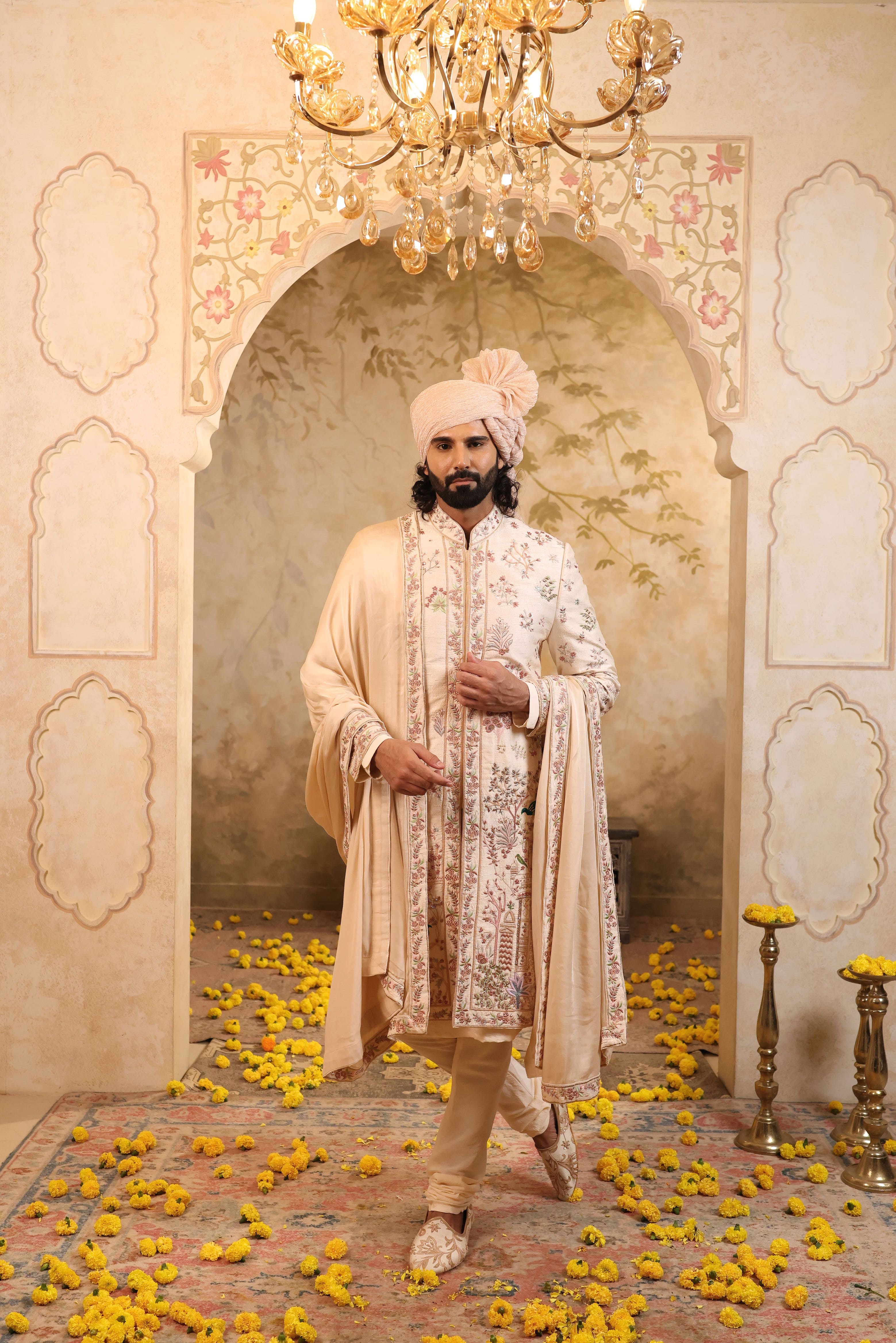 Peach Blossom Silk Sherwani Set