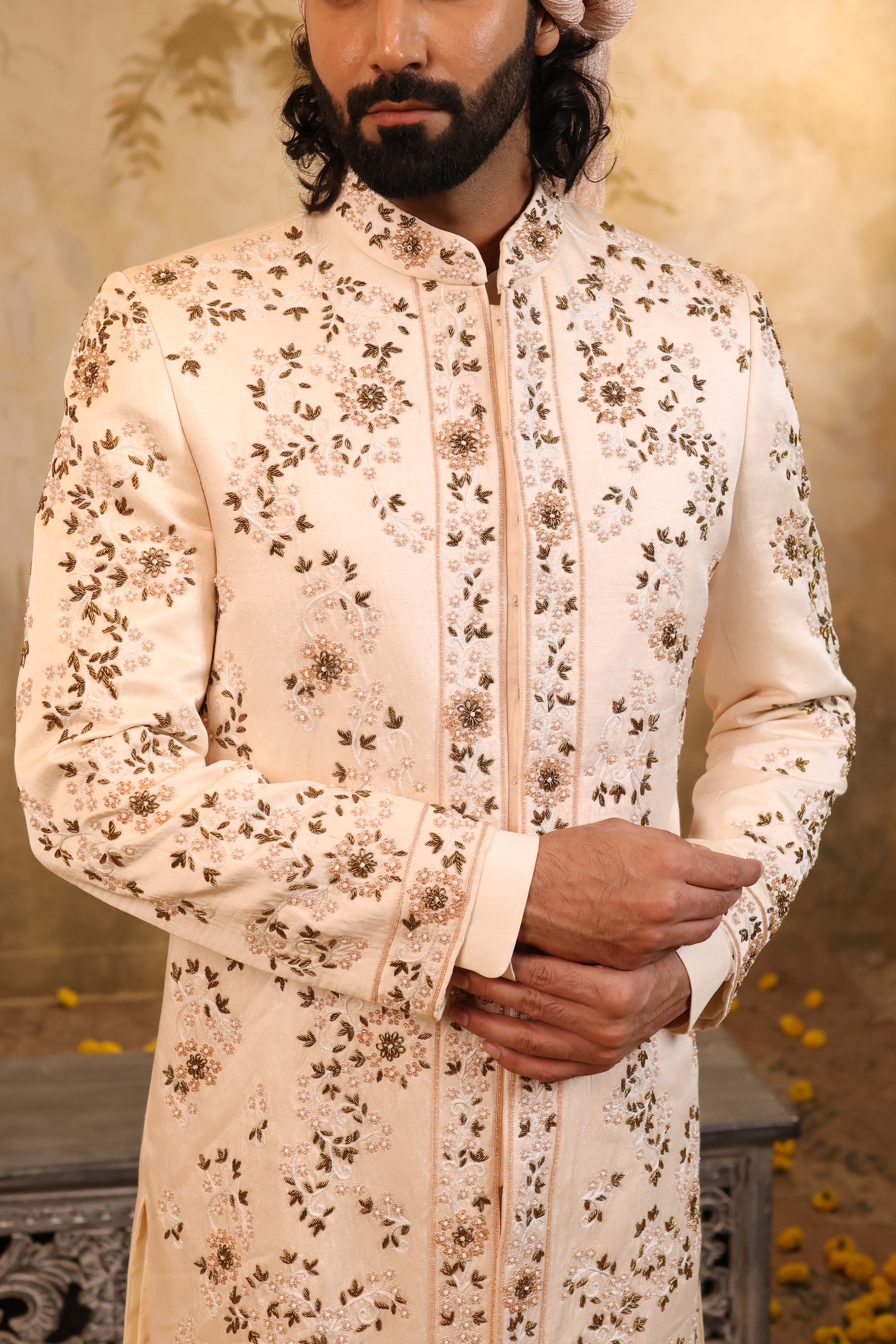 Peach Royale Silk Sherwani