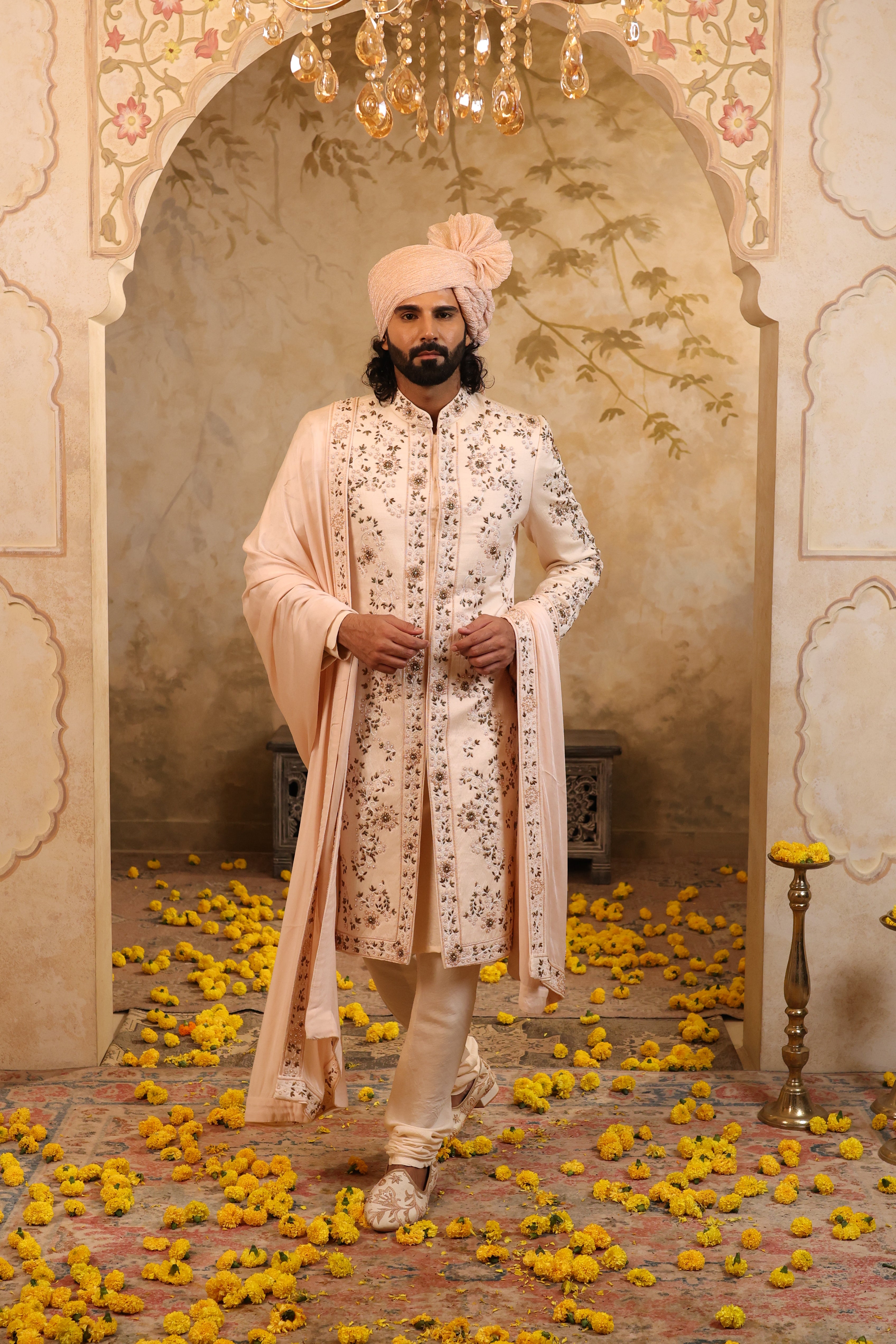 Peach Royale Silk Sherwani