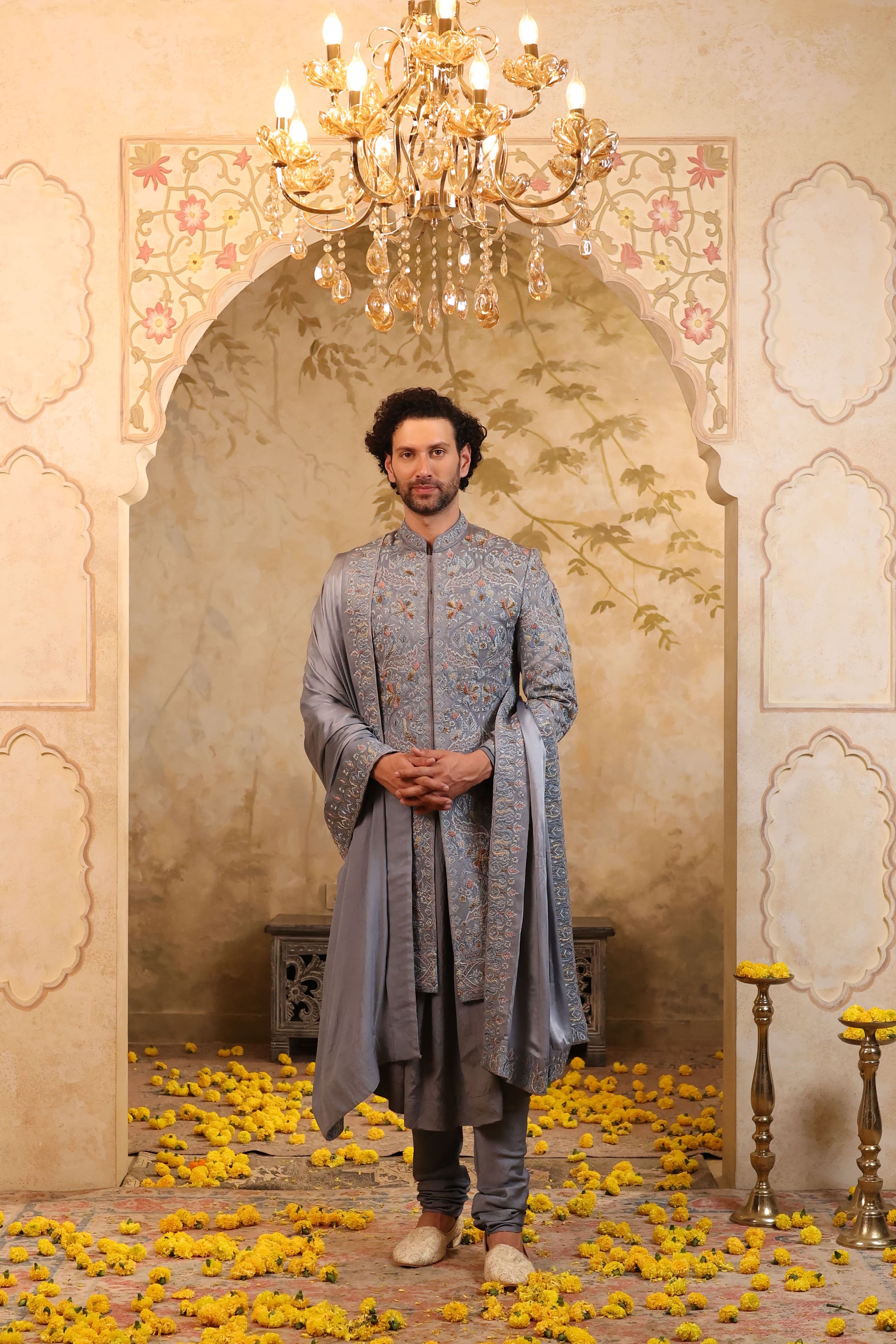 Steel Mist Silk Sherwani Set