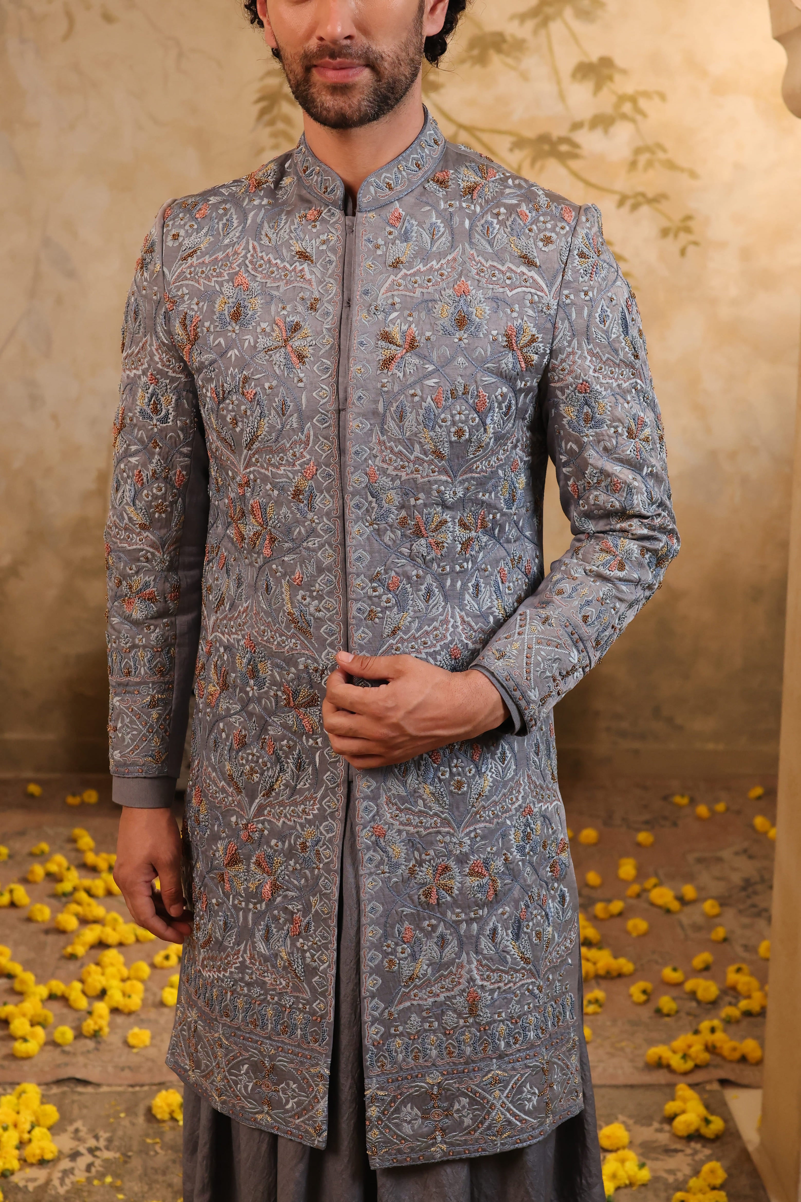 Steel Mist Silk Sherwani Set