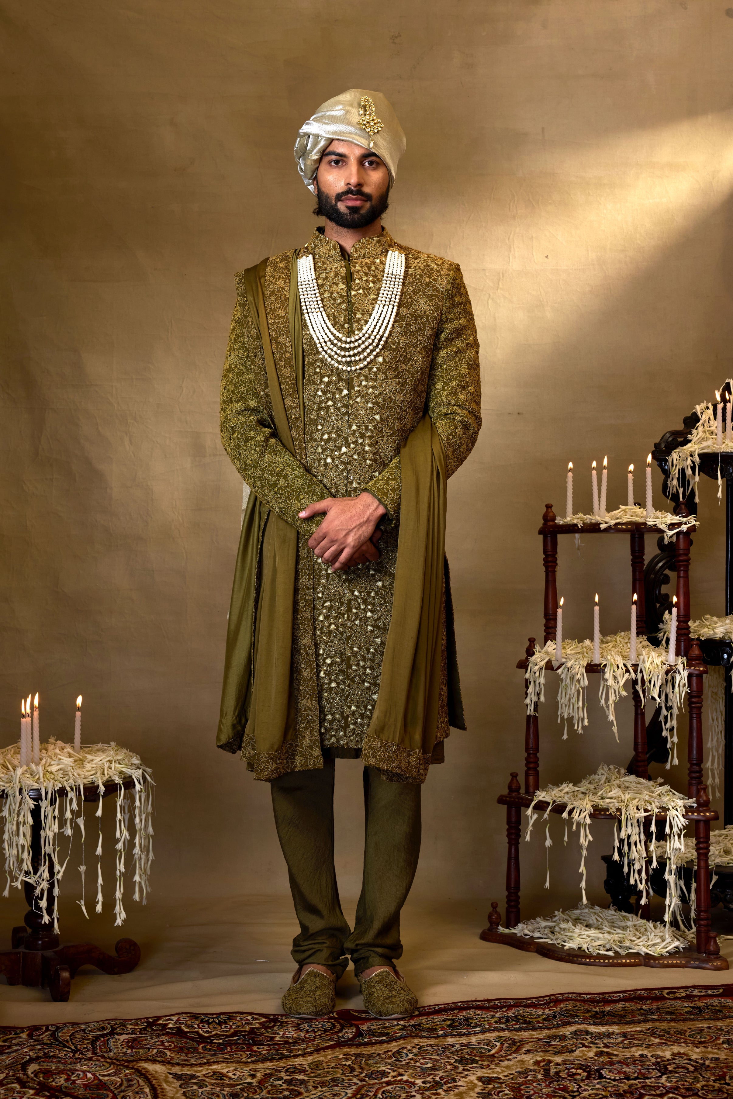 Olive green Silk Sherwani Set