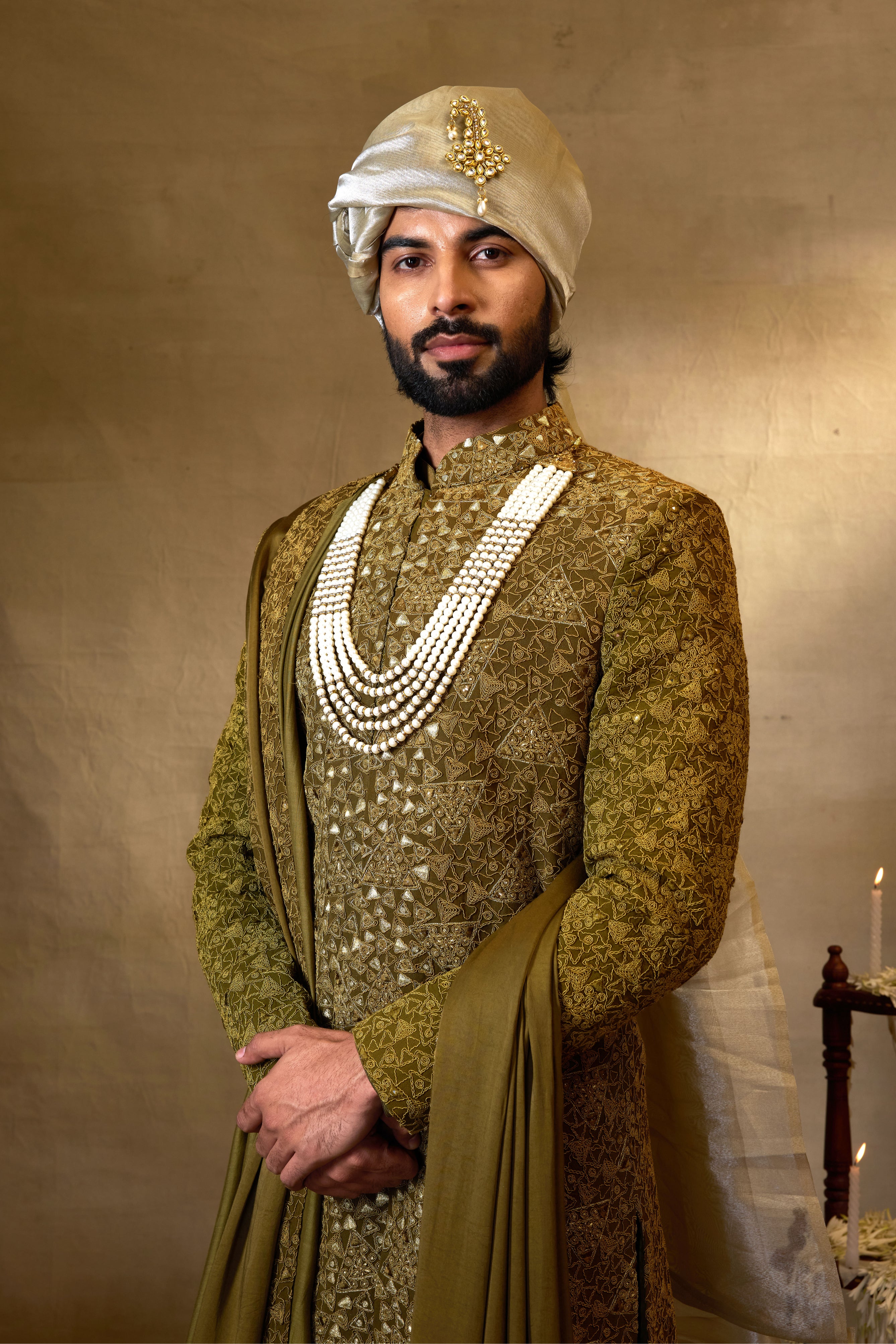 Olive green Silk Sherwani Set