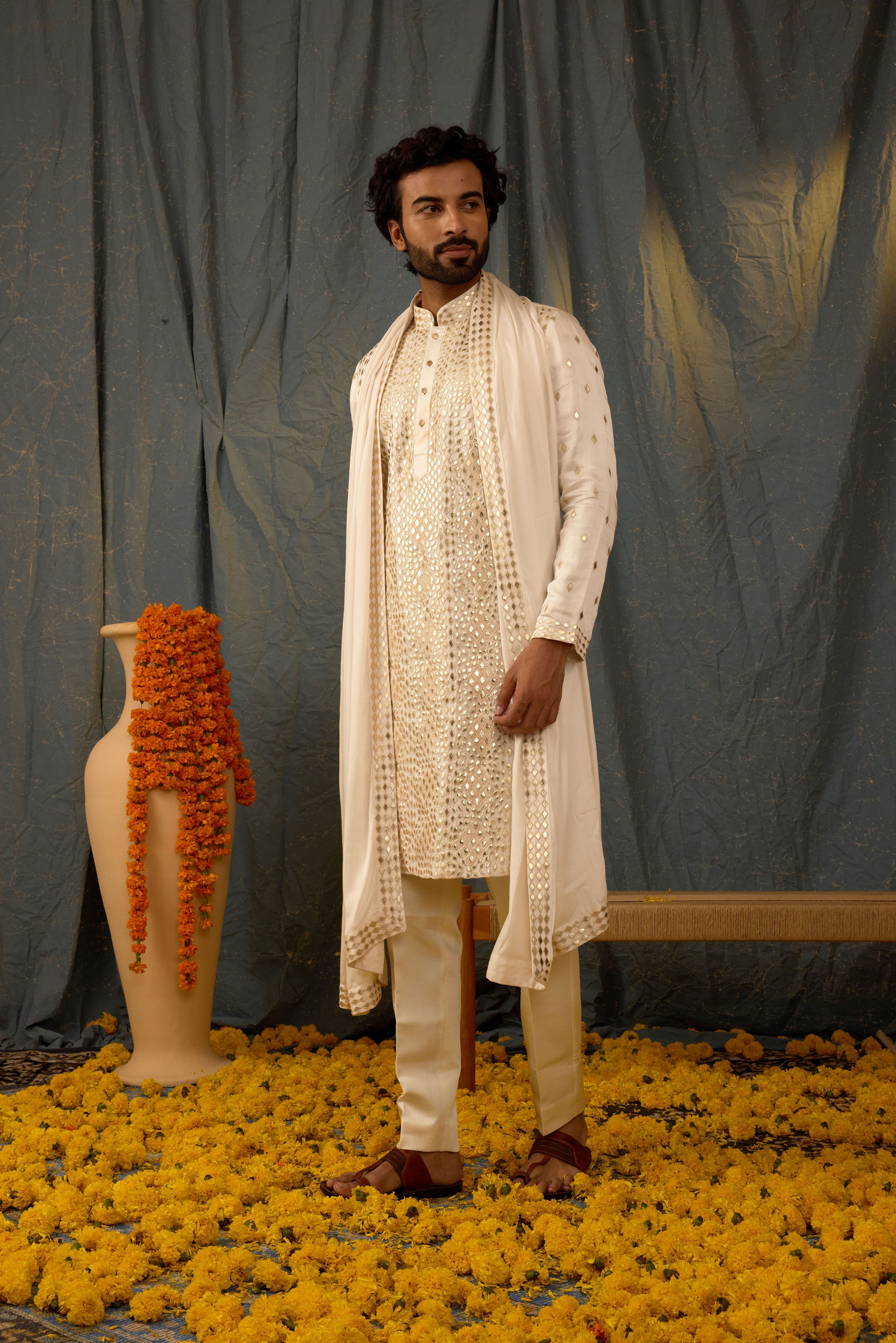 Ivory Gold Leather Kurta Set